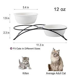 Elevated Cat Bowls, Dog Bowl, Ceramic Raised Cat Food Water Bowl Set with Metal Stand for Indoor Cats Small Dog, Prevent Neck Pain,12 Ounces, Cute Paw Pattern