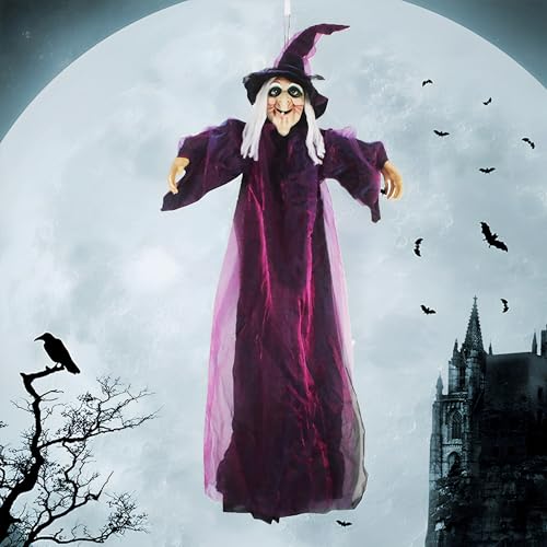 DXIA 70' Decoração de bruxa pendente de Halloween, decoração de Halloween bruxas, bruxa pendente com controlo de voz e olhos luminosos, decoração de fantasma de animado pendente