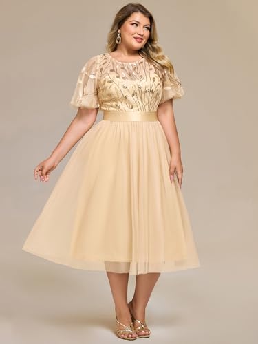Image of Ever-Pretty Plus Women's Round Neck Embroidery Short Sleeves Sequin Tulle Midi Plus Size Cocktail Wedding Guest Dresses Gold US20