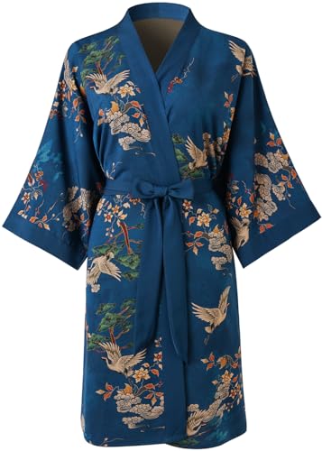Ledamon Bata corta tipo kimono para mujer, bata de baño floral con bolsillo, Azul oscuro, Talla única