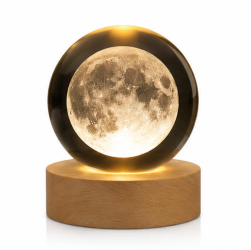 Image of Crystal Ball Night Light with Wooden Base, 3D Crystal Ball Night Lamp Touch Control LED Lamp, Bed Side Table Lamps for Bedroom, Table Lamp for Study Room, Home Decoration Items (Moon)
