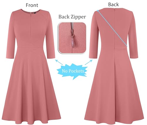 Image of VFSHOW Womens Work Business Front Zipper A-Line Dresses 3 /4 Sleeve Office Church Fit and Flare Skater Swing Knee Length Dress