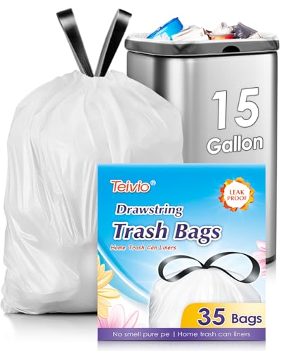 Image of Teivio 15 Gallon 35 Counts Strong Tall Kitchen Drawstring Trash Bags, Medium Plastic Garbage Bags for Home Office Kitchen Garden Outdoor Tall Trash Can, Waste Bin Liners White
