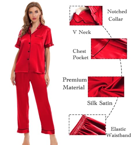 Image of SWOMOG Womens Silk Satin Pajamas Sets 4pcs Sleepwear Sexy Cami Shorts Set and Button Down Short Sleeve Pjs Loungewear Candy Red Medium