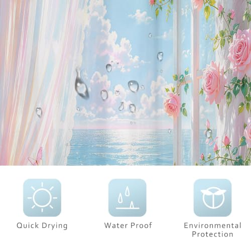 Image of Riyidecor Pink Ocean Roses Shower Curtain 36Wx72H Inch Small Stall Beachy Coastal Floral Flower Pretty Butterfly Hawaii Summer Scenery Beachside Bathroom Decor Fabric Polyester Waterproof 7 Pack Hooks