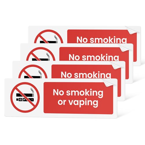 No Smoking or Vaping Signs | 4 Pack | 15 x 5cm | Self Adhesive Safety Signs | Gloss Finish