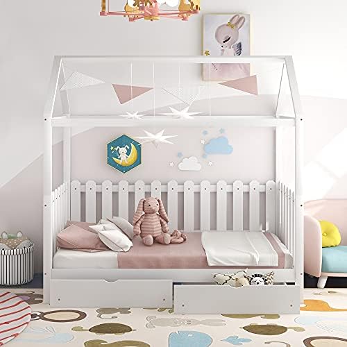 Lifeand Twin Size House Bed with 2 Drawers, Fence-Shaped Guardrail and Sky Roof, Solid Wood Bedframe for Gilrs Boys,White