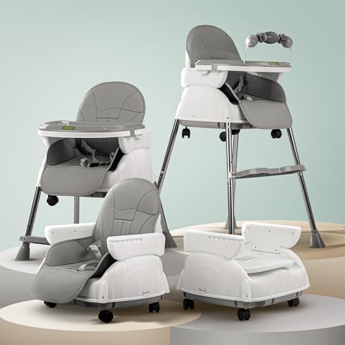 Image of BAYBEE 4 in 1 Convertible High Chair with Adjustable Height and Footrest,Baby Toddler Feeding Booster Seat with Tray,Wheels,Safety Belt and Cushion,for Boys & Girls 6 Months to 3 Yrs (Nora Grey)