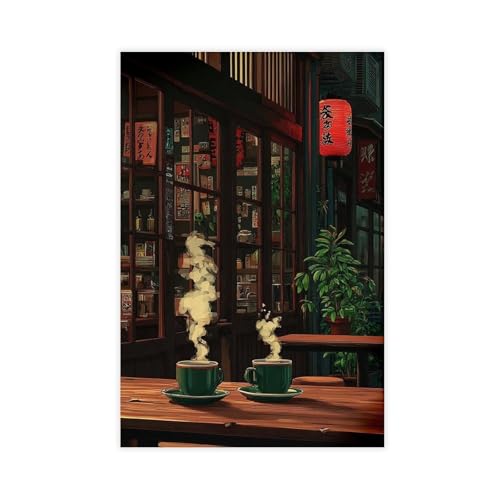 SWDXA Japanese Cafe Warm Night Street Cozy Tea Shop Canvas Poster Wall Art Prints Room Aesthetic Murals Bedroom And Living Decorations 16" L X 24" W