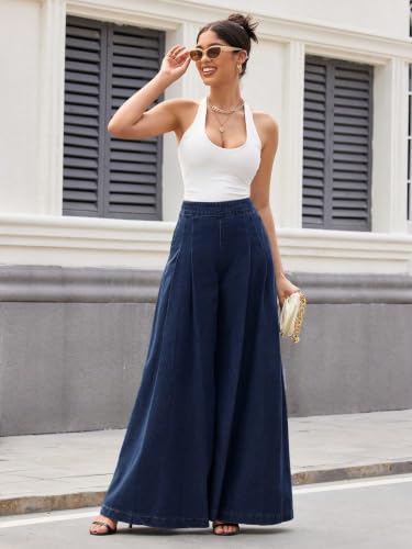 Image of GRECIILOOKS Palazzo Jeans for Women | High Waist - Flared Palazzo Pants for Women Wide Leg Denim Casual Trousers | Woman Wide Leg Baggy Jeans Loose Fit Denim Pants with Pockets