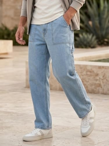 Image of Urbano Fashion Men's Loose Mid Rise Baggy Fit Cargo Carpenter Jeans with 6 Pockets Non-Stretchable