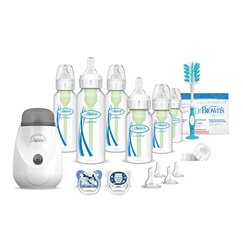 Image of Dr. Brown's Anti-Colic Options+ Baby Bottle Warmer Gift Set, Baby Bottles, Glow-in-the-Dark PreVent Pacifiers, Deluxe Cleaning Bottle Brushes, Microwave Steam Bags, Level 1,2, and 3 Narrow Nipples
