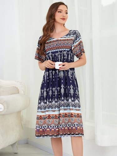 Image of CRIPOM Womens Nightgown Short Sleeve House Dress with Pockets-Floral Print Mumu Dress S-3XL