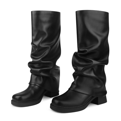 Image of Buckle Chunky Heel Knee High Boots Fall Winter Commute | chunky heel boots, knee high boots, sqaure toe boots