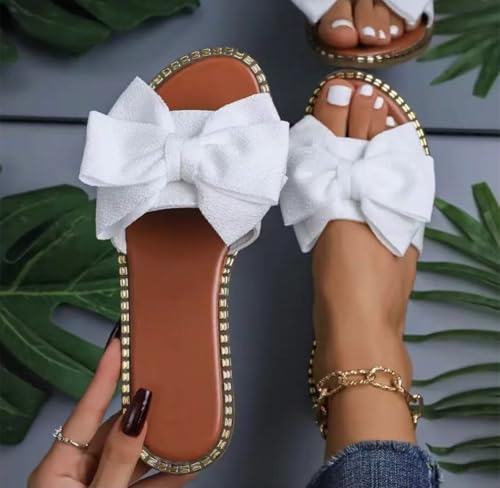 Women's Bow Knot Slides Open Toe Flat Sandals Summer Slip On Slippers2