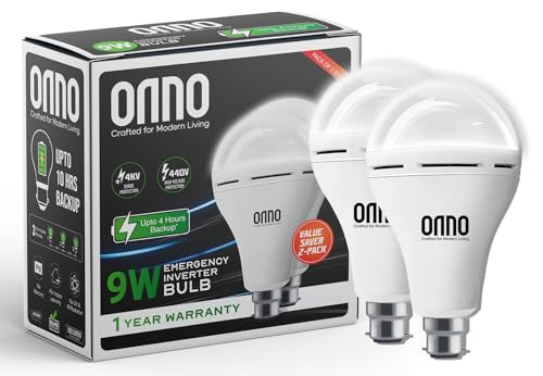 Image of ONNO 9W /12W Rechargeable Emergency Inverter LED Bulb | (Pack of 2, White) I Cool Day Light | Upto 4 Hours Battery | 3 Dimmable Modes | B22D | 1 Year - Warranty (9.0, Watts)