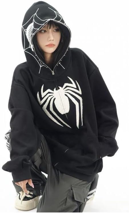 Obenie Y2k Spider Print Hoodies Hip Hop Zipper Long Sleeve Jacket Coats Harajuku Casual Loose Hooded Sweatshirt - Image 4