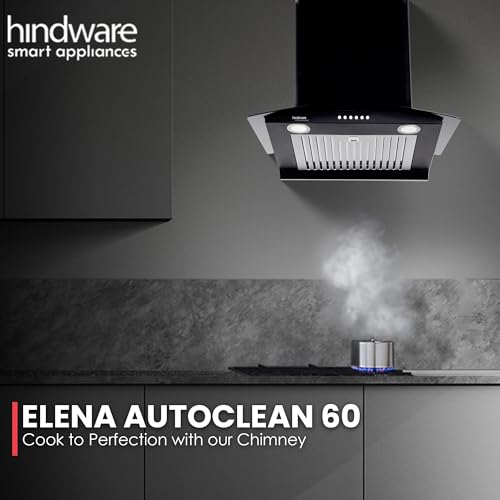 Image of Hindware Smart Appliances | Elena 60 cm Chimney | 1100 CMH | Curved Glass | Auto Clean | Push Button | 5 Yrs Warranty on Motor & 2 Yrs on Product | Wall Mounted (Baffle Filter, LED Lamps, Black)