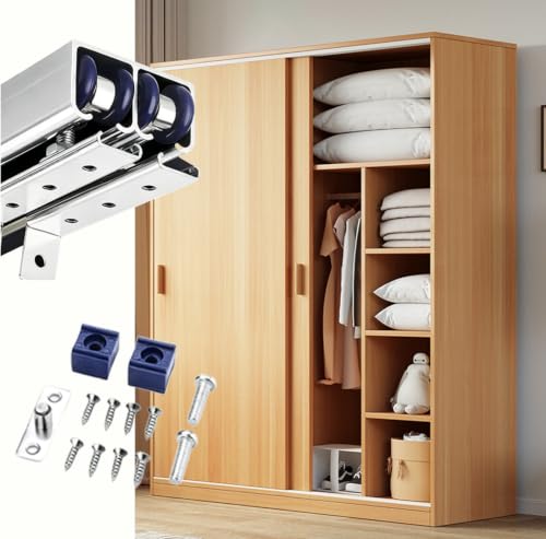 Kit de herrajes y riel de puerta corrediza doble para clóset, para paneles de madera de 3/4" a 9/10" de grosor, riel de aluminio con guía de piso anti-vibración (plata, 2.2 pies/26 pulgadas) miniatura 1