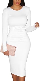 Women's Sexy Bodycon Long Sleeve Round Neck Work Office Midi Pencil Dress