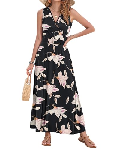 Image of AUSELILY Womens Maxi Dress Summer Sleeveless Wrap Long Dresses with Pockets | V-Neck Wrap Sleeveless Sundress, fits formal, casual, beach, vacation & daily wear