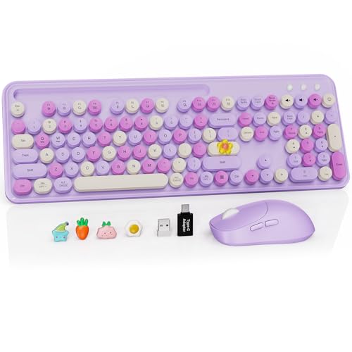 Wireless Keyboard and Mouse Combo, Retro Round Keycaps, Full-Size Stylish Typewriter Keyboard with Large Phone/Tablet Holder, 3-Level DPI Ergonomic Mouse, 2.4GHz Cordless for Windows PC, Lavender Mist