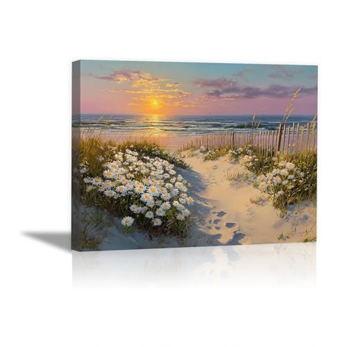 Tableau de marguerites bord de mer au coucher du soleil HOQIU 40x60cm encadré