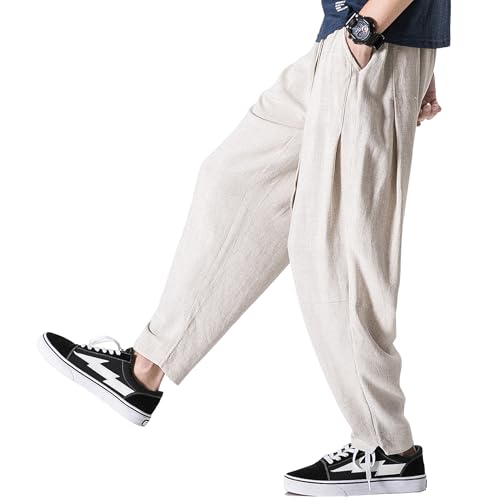 Tripleberly Men Linen Wide Leg Drop Crotch Baggy Harem Pants with Pockets Elastic Drawstring Waist Lightweight Beach Pants3