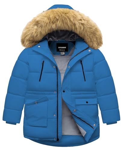 Image of Boy's Winter Coat Waterproof Kids Puffer Jacket Thicken Parka Fleece Lined Bubble Ski Snow Outerwear with Fur Hood