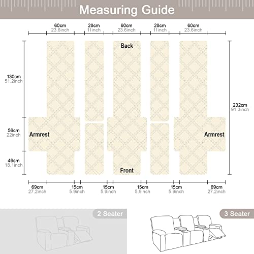 Image of TAOCOCO Waterproof Recliner Sofa Cover with Center Console, 3 Seater | Non Slip & Washable Reclining Couch Cover for Dogs & Pets, Split Reclining Chair Covers with Straps & Pockets, Light Brown