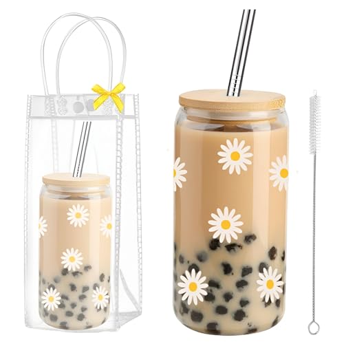 ACUDUDOMA Coquette Daisy Glass Cup with Clear Gift Bag,16 oz Iced Coffee Cup with Lids and Straws, Aesthetic Glass Tumbler Smoothie Cup Beer Drinking Cup for Girls/Bestfriend/Sister/Girlfriend/Mom