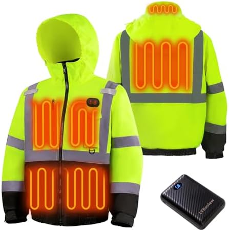 LYReview Heated Safety Jacket for Men with 3M reflective,14000mAh Battery Pack Rechargeable, Class 3 High Visibility Waterproof Work Construction Coat,Yellow, L