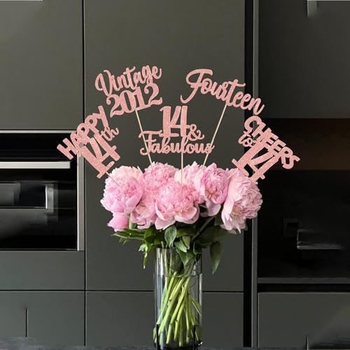 Image of 15 PCS 14th Birthday Centerpiece Sticks Fourteen Happy 14 Vintage 2012 Table Flower Centerpieces Sticks Cheers to 14 Fabulous Floral Decorations for 14th Birthday Party Supplies Rose Gold