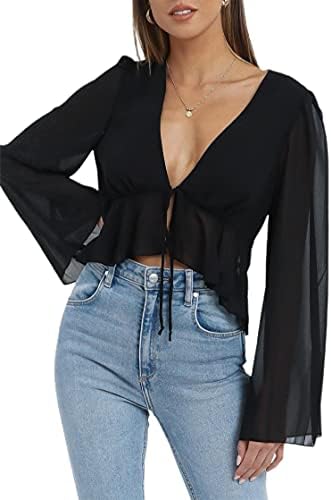 Hilinker Women's Deep V Neck Long Sleeve Crop Top Tie Up Open Front Blouse Shirt Black Medium
