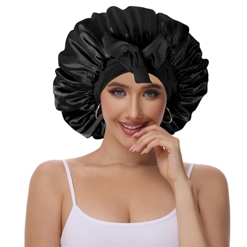 Vettres Hair Bonnet for Sleeping Satin Lined Sleep Cap Double Layer Silk Head Wrap for Curly Natural Hair Black Red — view 2