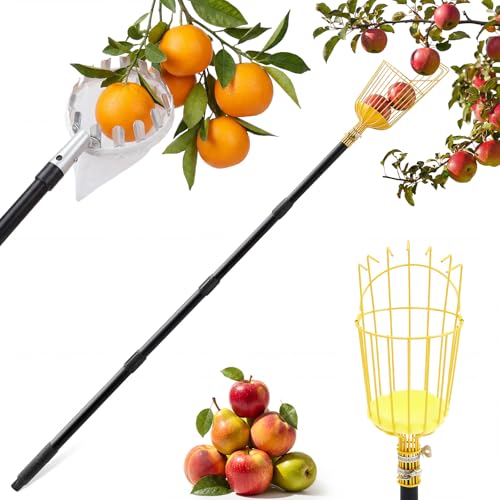 Sliner 4PCS 22.5ft Reach Fruit Picker Pole Tool with Basket Adjustable Stainless Steel Fruit Picker 16.5ft Pole with Thread for Apple Orange Lemon Pear Mango Avocados Tree Picking