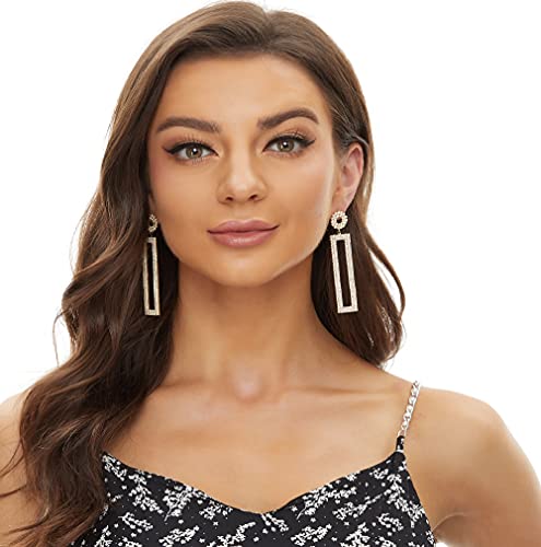 Ceomate 14K Gold Plated Rhinestone Long Drop Earrings, Geometric Rectangle Hypoallergenic Jewelry Gift For Women Girls Z19002G #TOP5