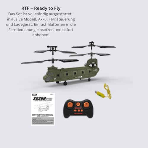 EFASO RC Helikopter Syma S026H Chinook - Ferngesteuerter Hubschrauber mit LED Beleuchtung/Gyroskop - RC Hubschrauber Indoor 3-Kanal Milit&auml;r Mini Helikopter