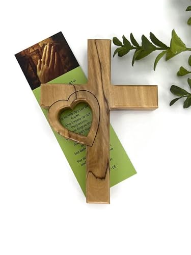 Wooden Cross For Wall, Olive Wood Cross For Baptism And Confirmation Cross, Cross With Heart Engraved Handmade In The Holy Land,Crucifix Cross Wooden Crosses Wall Décor,Christening Cross For Girls #TOP4