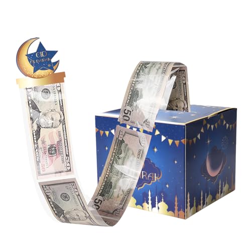 hhdatc Blue Eid Mubarak Money Box Gold Cash Pull Gift Box for Ramadan Kareem Party Favors, Eid Surprise,Happy Eid Party Decorations