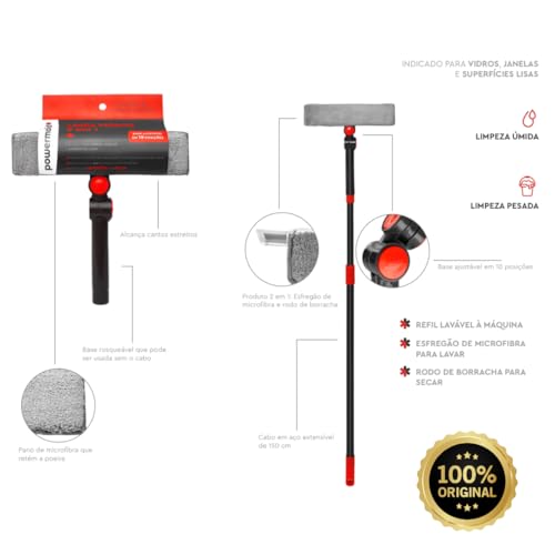 Limpa Vidros 2 em 1 Articulado Esfregão + Rodo Com Cabo Em Aço Extensível de 150cm