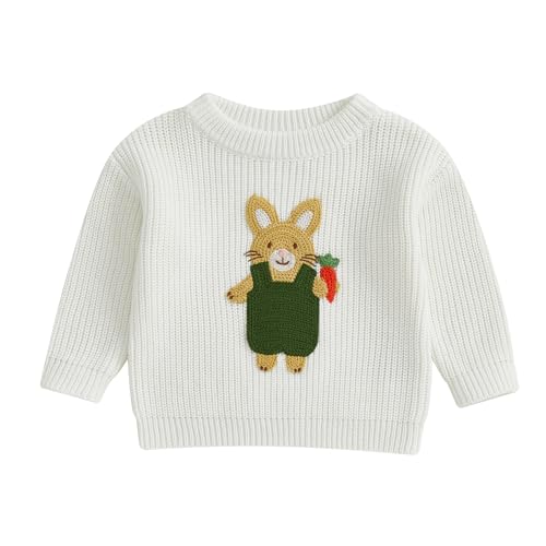 Kids Baby Girl Boy Easter Outfit Rabbit Embroidery Long Sleeve Pullover Knit Sweater Toddler Spring Bunny Sweatshirt (White, 3-4 Years)