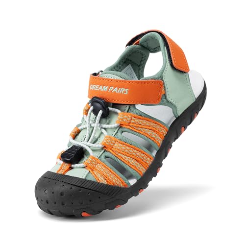 DREAM PAIRS Boys Girls Summer Outdoor Athletic Sport Sandals Hiking Beach Casual Closed Toe Adjustable Multicolor for Toddler/Little/Big Kids,Size 4 Big Kid,Green/Orange,171111-K
