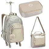 Kit Escolar Feminino de Moda Teen, Mochila com Rodinhas + Lancheira Térmica com Alça Transversal + Estojo Porta Lápis (Dourado)