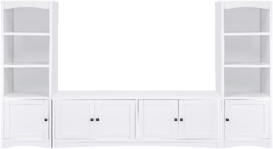 Pemberly Row 3-Piece Entertainment Center, Engineered Wood, White Finish, Includes 78 in TV Stand with 4 Doors, 2 Media Towers with Shelves and Cabinet, Cord Management, Living Room Storage Solution