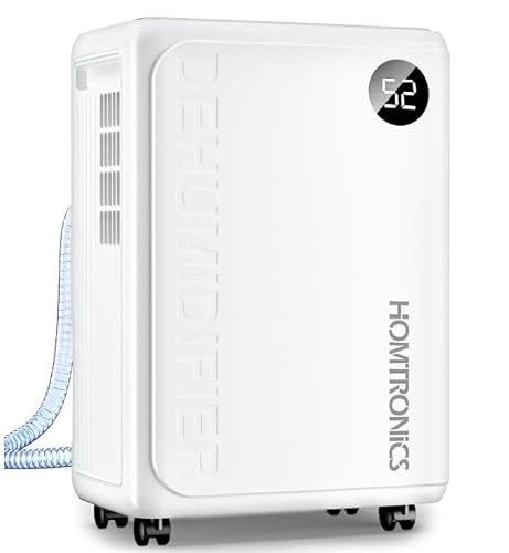 Deshumidificateur d Air, 12L/Jour, Homtronics Déshumidificateur Electrique, avec Tuyau de Vidange,Efficace, Affichage LED,Silencieux,Minuterie 24H, Vidange Continue,pour Maison,Sous-sol,Moisi,Chambre