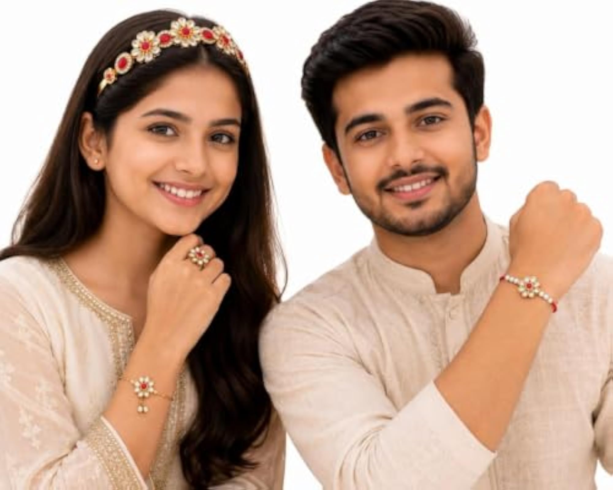 Kundan Rakhi Combo with Hair Band, Ring & Bracelet