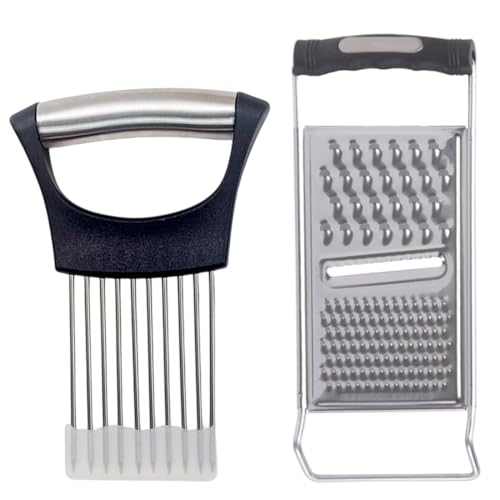 SGERUFZ 1 PCS Cortador de Cebolla y Soporte, Herramienta de Cocina para Cortar Verduras, más 1 PCS Rallador de Cocina Acero Inoxidable con Rebanador de Pepino para Rodajas Finas, Cuadrado y Verduras
