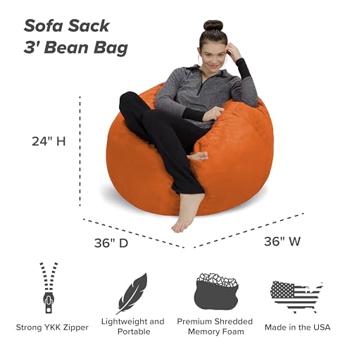 Sofa Sack Bean Bag Chair - Plush, Ultra Soft - Memory Foam Bean Bag Chair with Microsuede Cover - Stuffed Foam Filled Furniture and Accessories for Dorm Room 3 Feet - Tangerine
