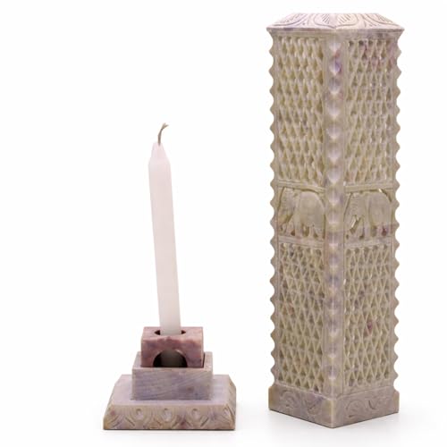Image of Handmade Marble Soapstone Incense Stick Burner | Dhoop Batti Stand, Candle Holder, Tea Light Burner, Jaali Carving, 3 x 3 x 11 Inches
